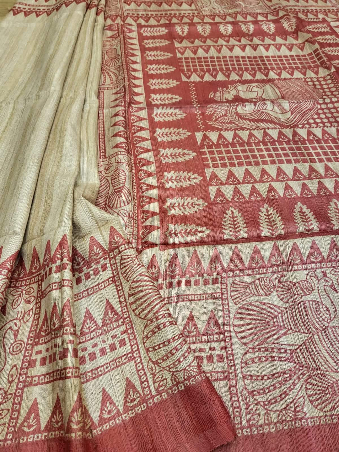 Pure Tussar/Ghicha Silk saree in the natural shade with Red hand block print Balaram Saha