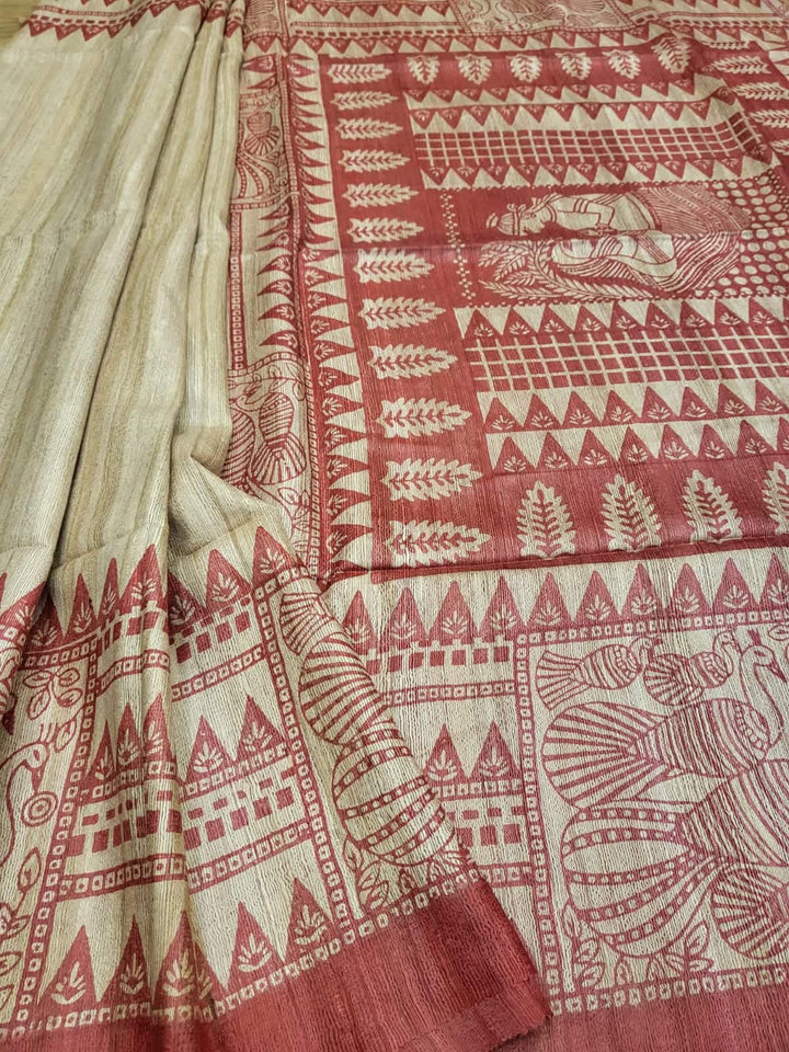 Pure Tussar/Ghicha Silk saree in the natural shade with Red hand block print Balaram Saha