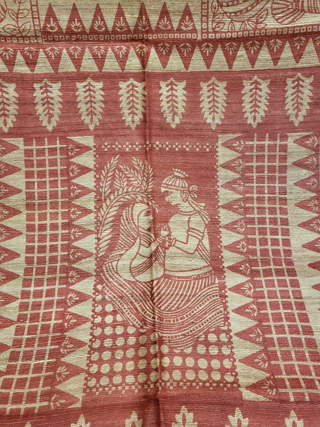 Pure Tussar/Ghicha Silk saree in the natural shade with Red hand block print Balaram Saha