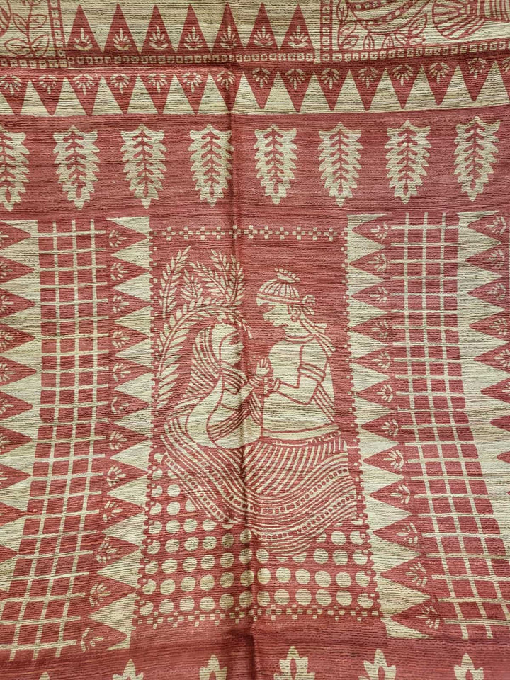 Pure Tussar/Ghicha Silk saree in the natural shade with Red hand block print Balaram Saha