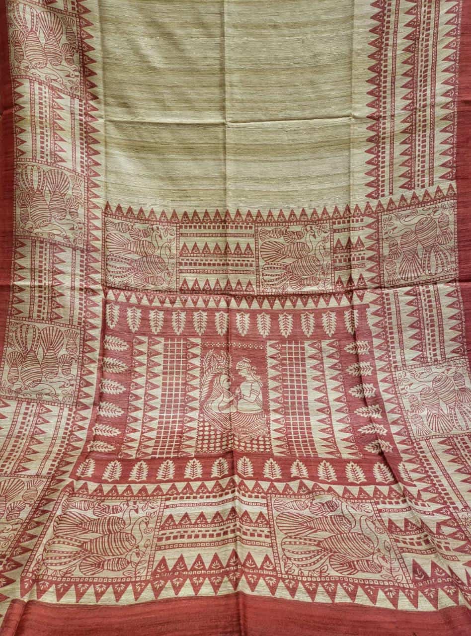 Pure Tussar/Ghicha Silk saree in the natural shade with Red hand block print Balaram Saha