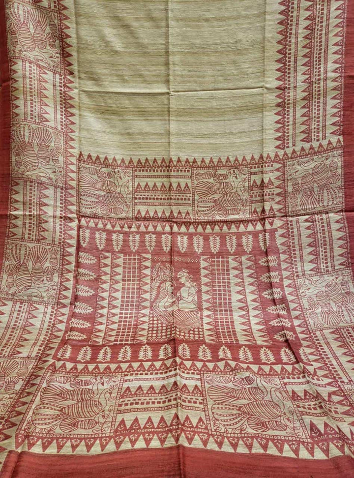 Pure Tussar/Ghicha Silk saree in the natural shade with Red hand block print Balaram Saha