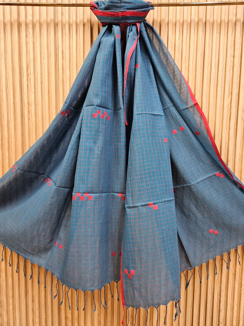 Teal Blue & Red Handloom Handwoven Jamdani Stole Balaram Saha