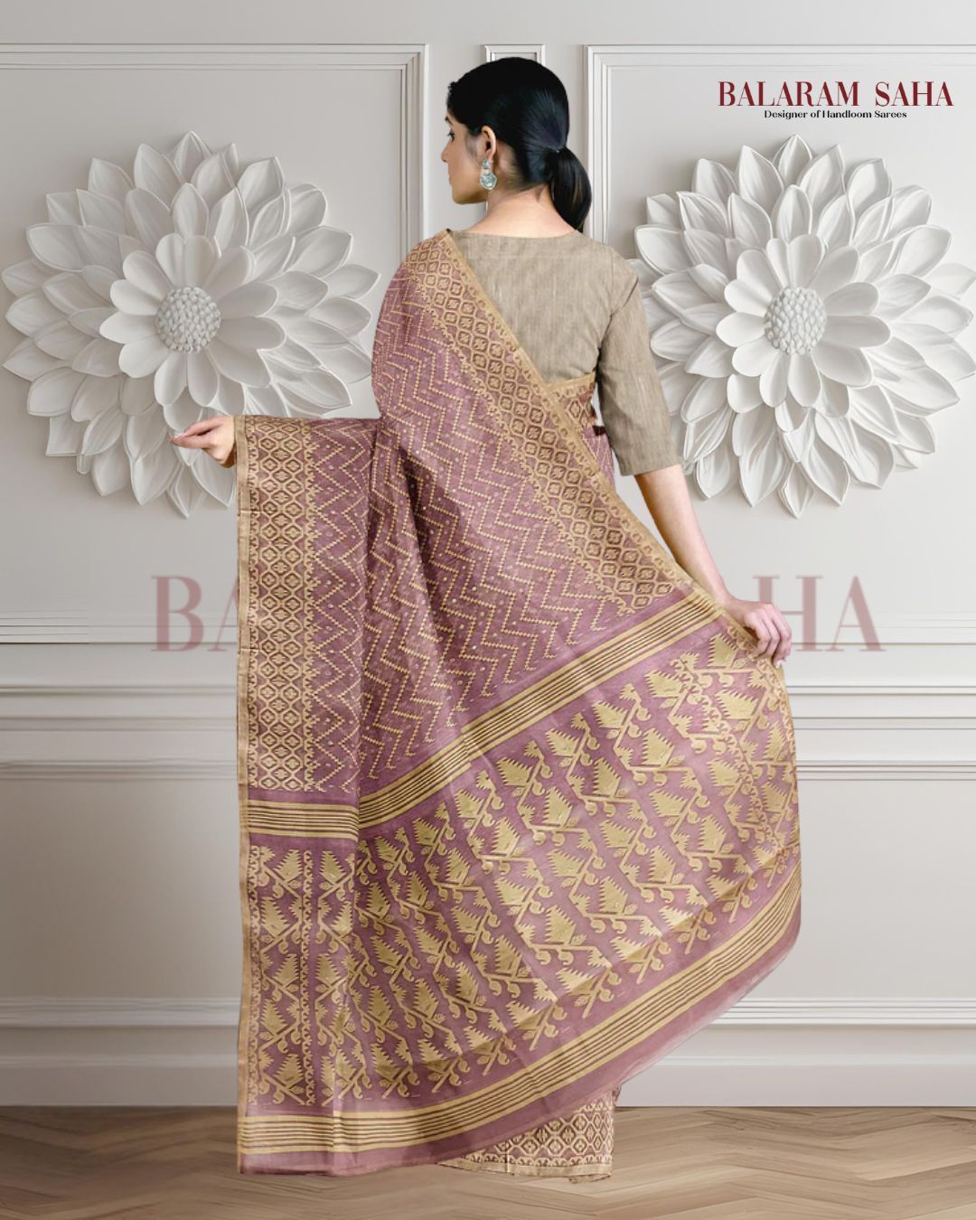 Onion pink & Beige Soft handloom Jacquard Weave Jamdani saree Balaram Saha