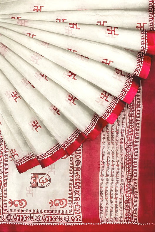 Off-White Handloom Traditional Dhonekali Cotton Handblock Saree Balaram Saha
