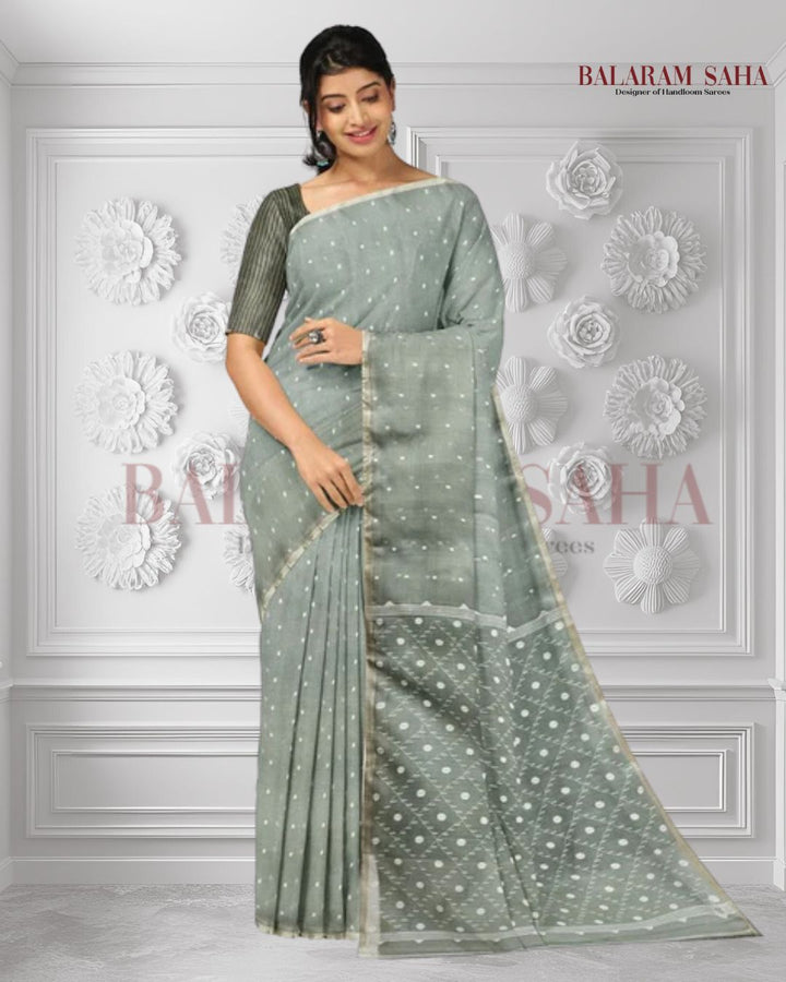 Green & White Handwoven Muslin Silk Jamdani Saree Balaram Saha