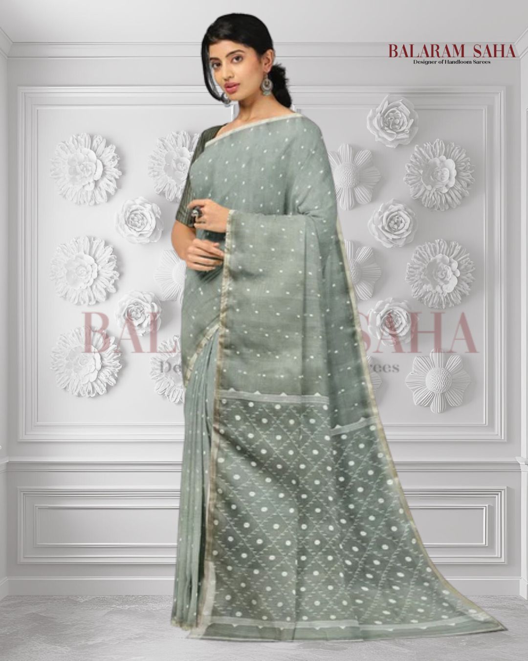 Green & White Handwoven Muslin Silk Jamdani Saree Balaram Saha