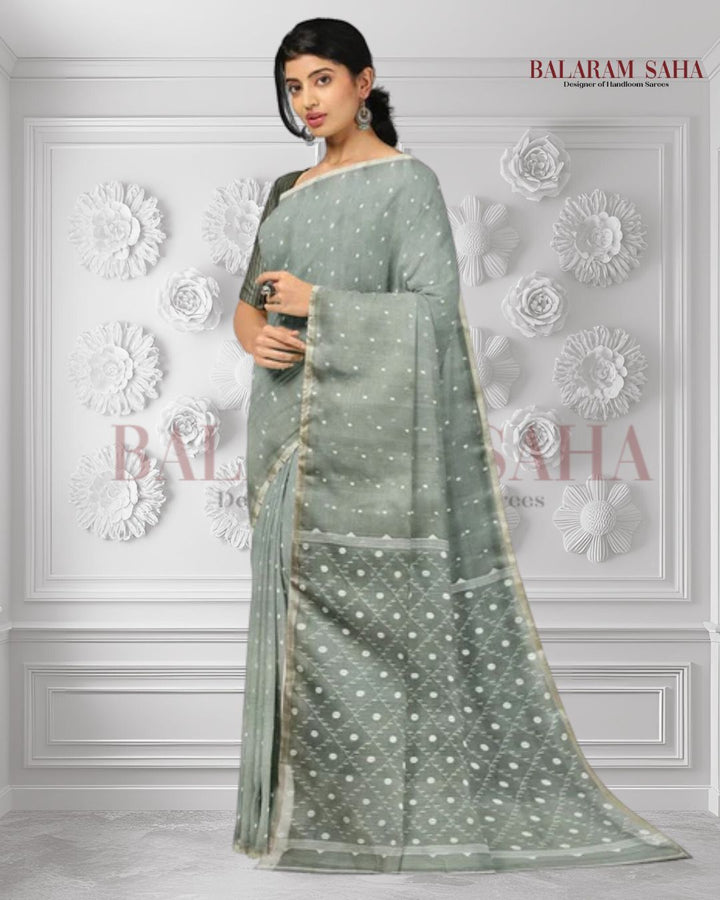 Green & White Handwoven Muslin Silk Jamdani Saree Balaram Saha