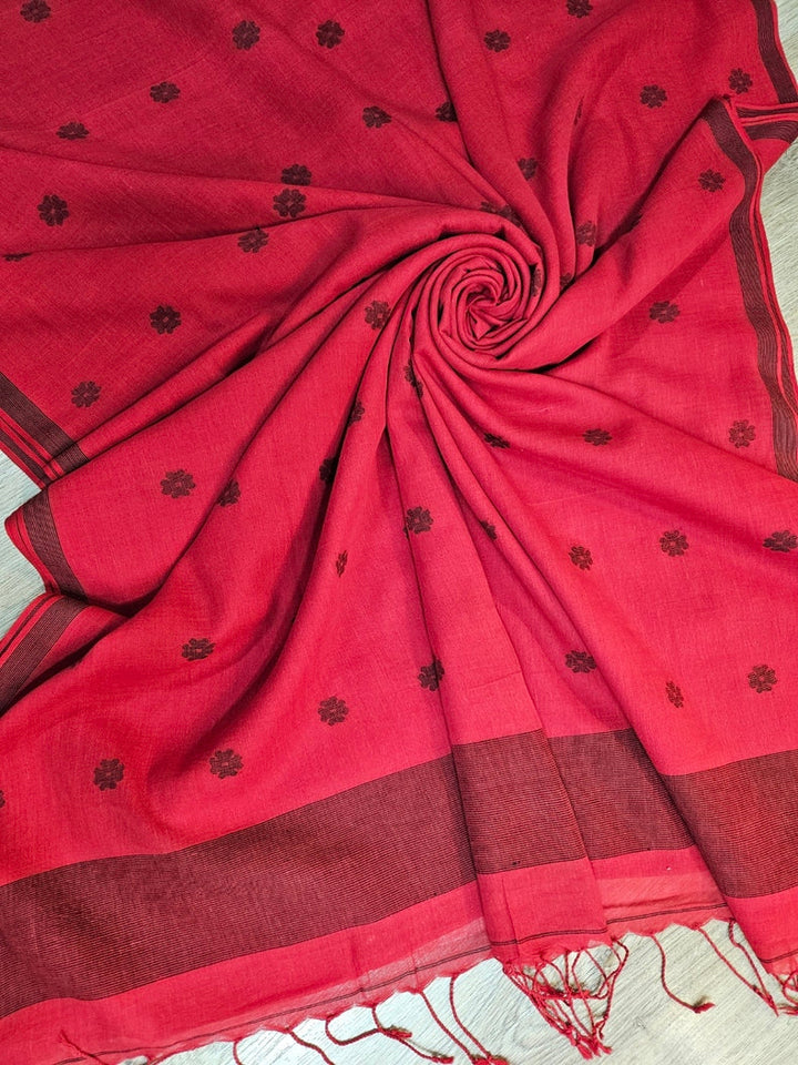 Red & Black Handloom  Premium Cotton Jamdani Saree Balaram Saha