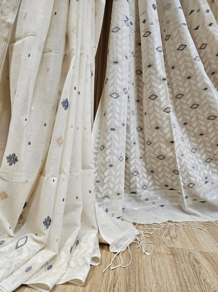 Timeless Weave – Off-White Handspun Cotton Jamdani Saree with Blue & Gold Zari Balaram Saha