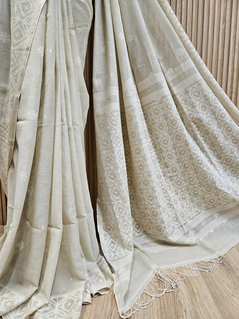 Elegance in Every Thread – Cream & White Handspun Cotton Jamdani Saree with Gold Zari Balaram Saha