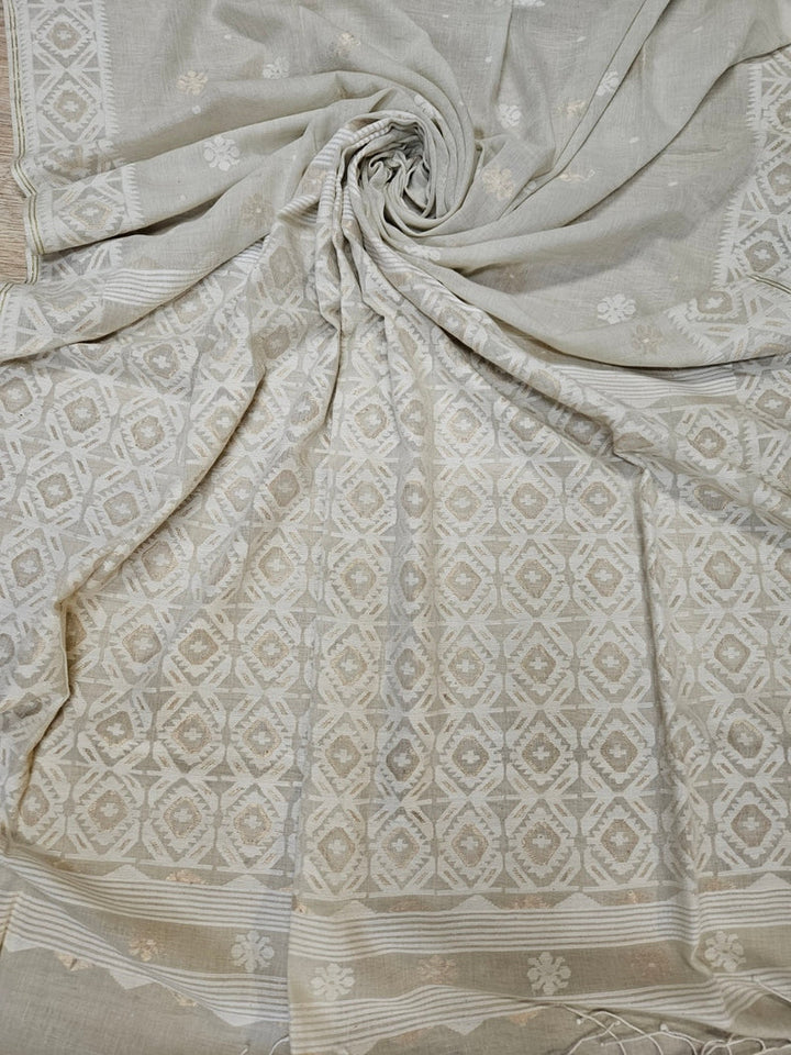 Elegance in Every Thread – Cream & White Handspun Cotton Jamdani Saree with Gold Zari Balaram Saha