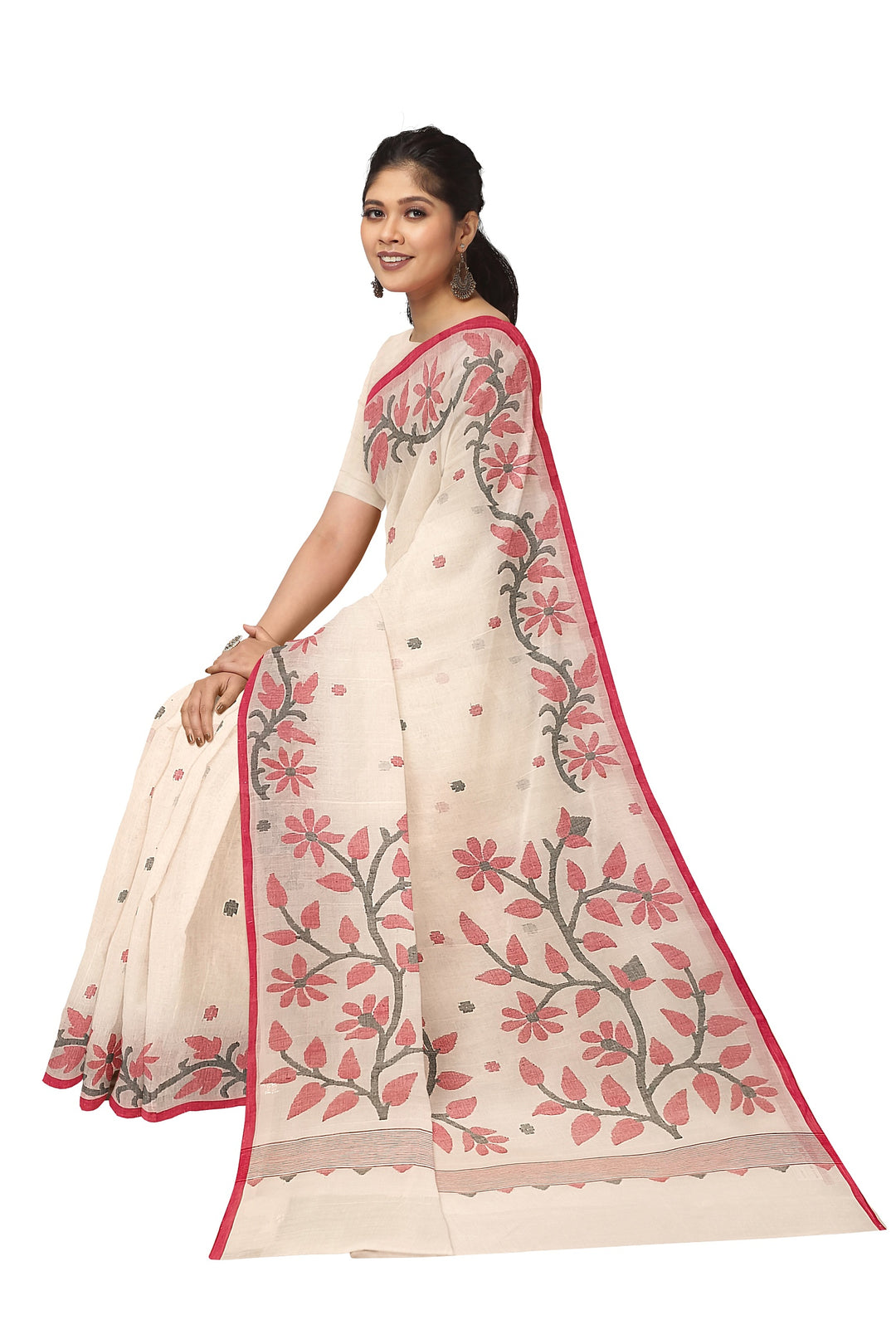 WHITE & RED HANDLOOM HANDWOVEN JAMDANI SAREE Balaram Saha