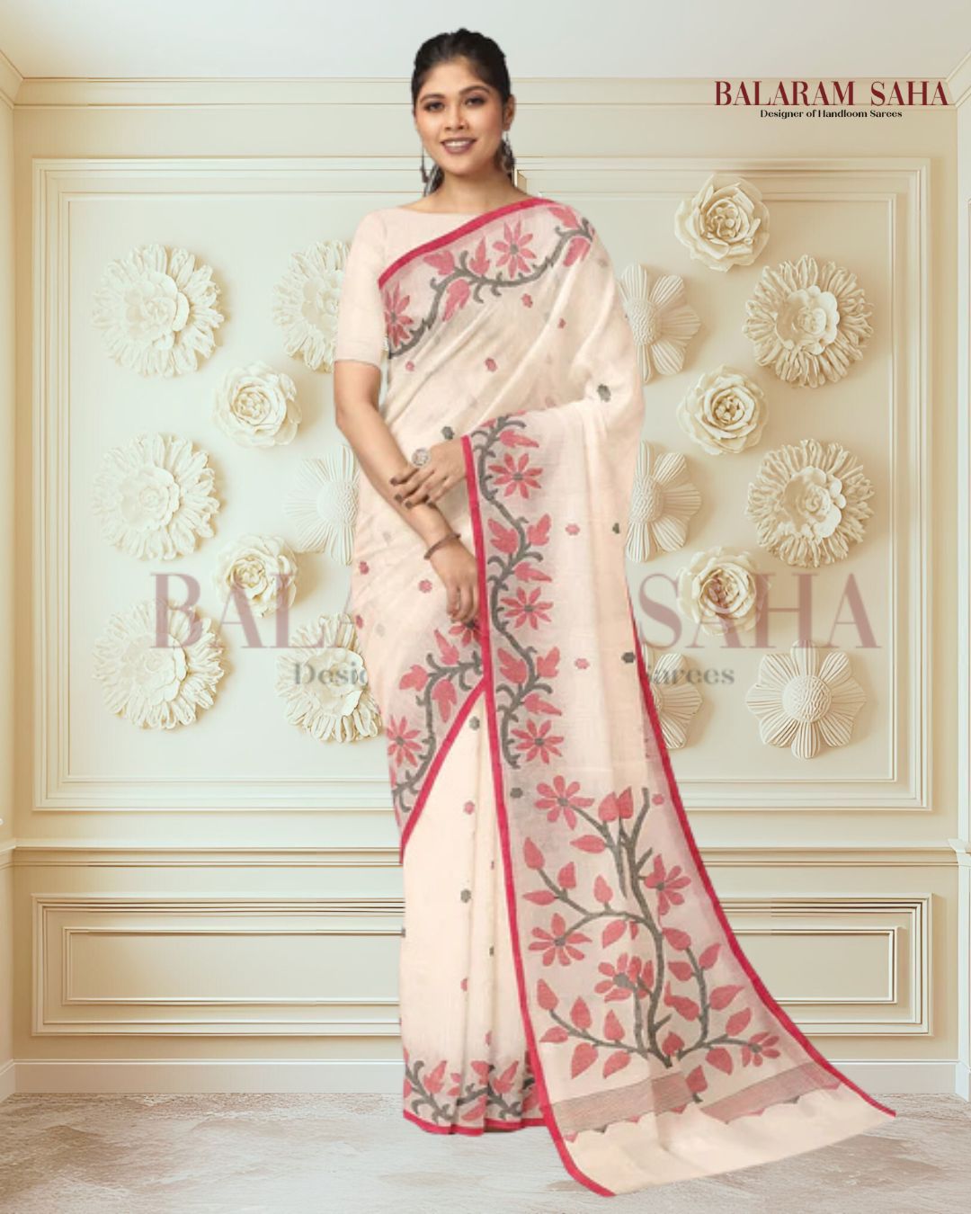 WHITE & RED HANDLOOM HANDWOVEN JAMDANI SAREE Balaram Saha