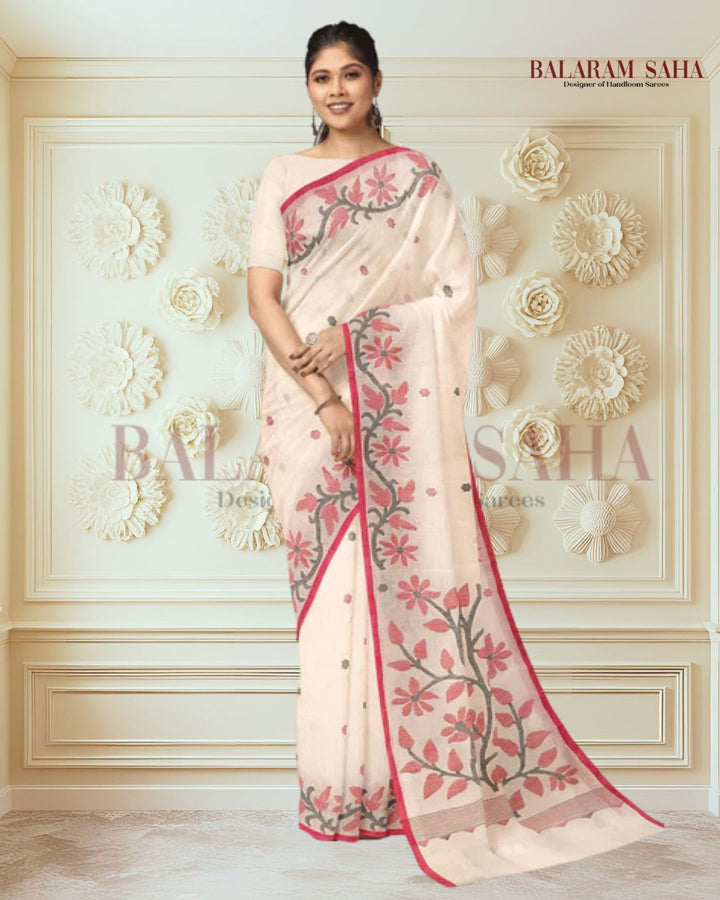 WHITE & RED HANDLOOM HANDWOVEN JAMDANI SAREE Balaram Saha
