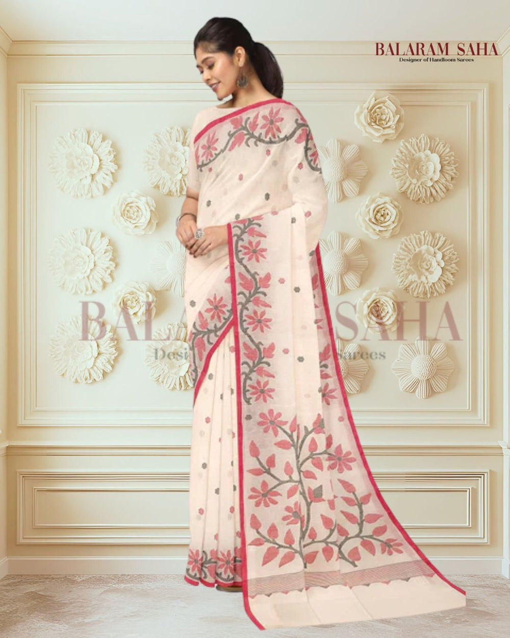 WHITE & RED HANDLOOM HANDWOVEN JAMDANI SAREE Balaram Saha