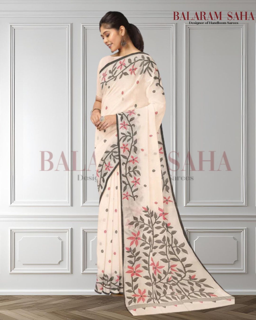 White & Black Handloom Handwoven Jamdani Saree Balaram Saha