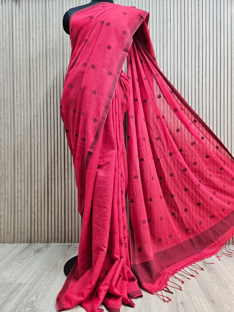 Red & Black Handloom  Premium Cotton Jamdani Saree Balaram Saha