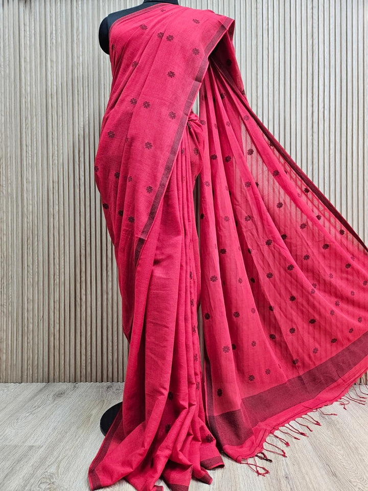 Red & Black Handloom  Premium Cotton Jamdani Saree Balaram Saha