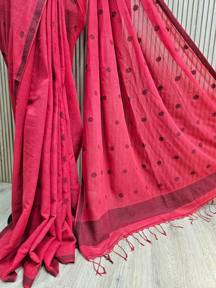 Red & Black Handloom  Premium Cotton Jamdani Saree Balaram Saha