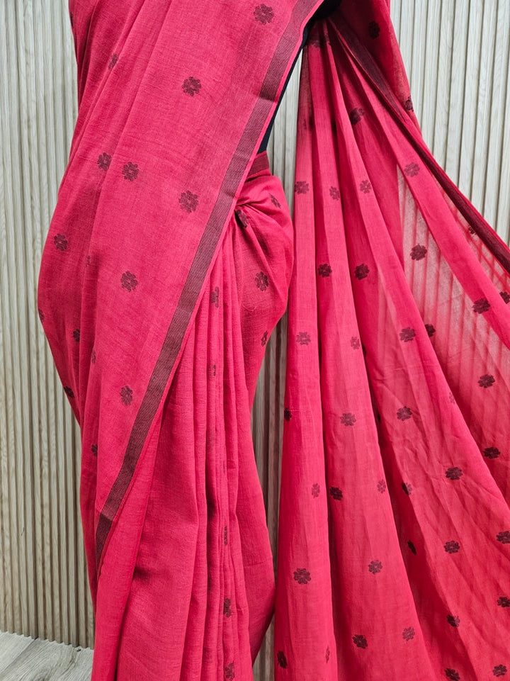 Red & Black Handloom  Premium Cotton Jamdani Saree Balaram Saha