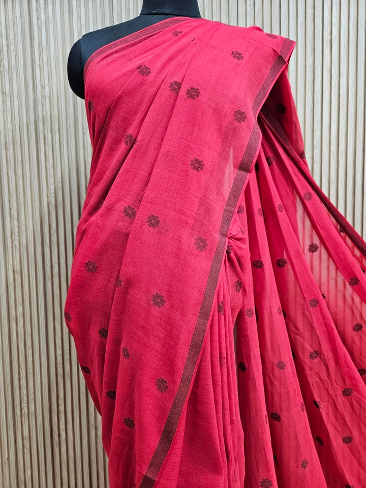 Red & Black Handloom  Premium Cotton Jamdani Saree Balaram Saha
