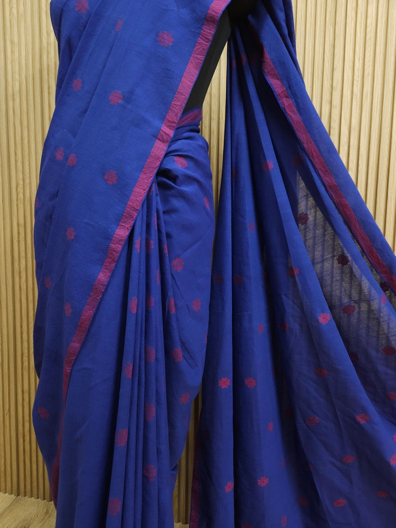 Blue & Red Handloom Premium Cotton Jamdani Saree Balaram Saha