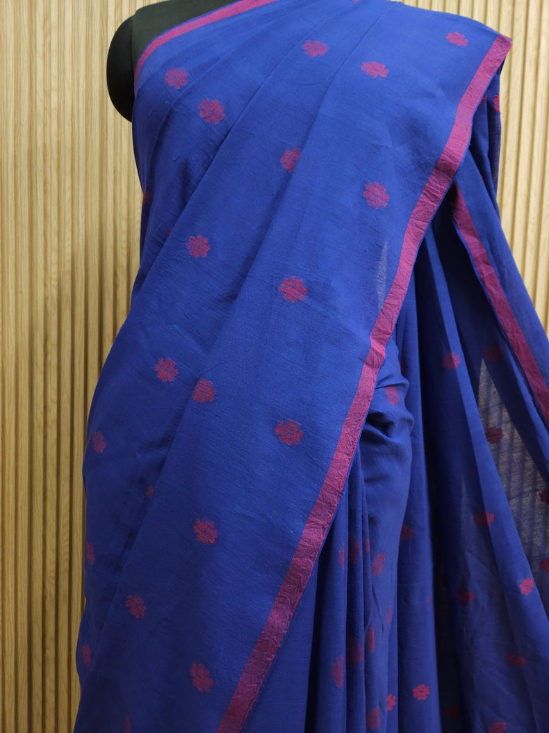 Blue & Red Handloom Premium Cotton Jamdani Saree Balaram Saha