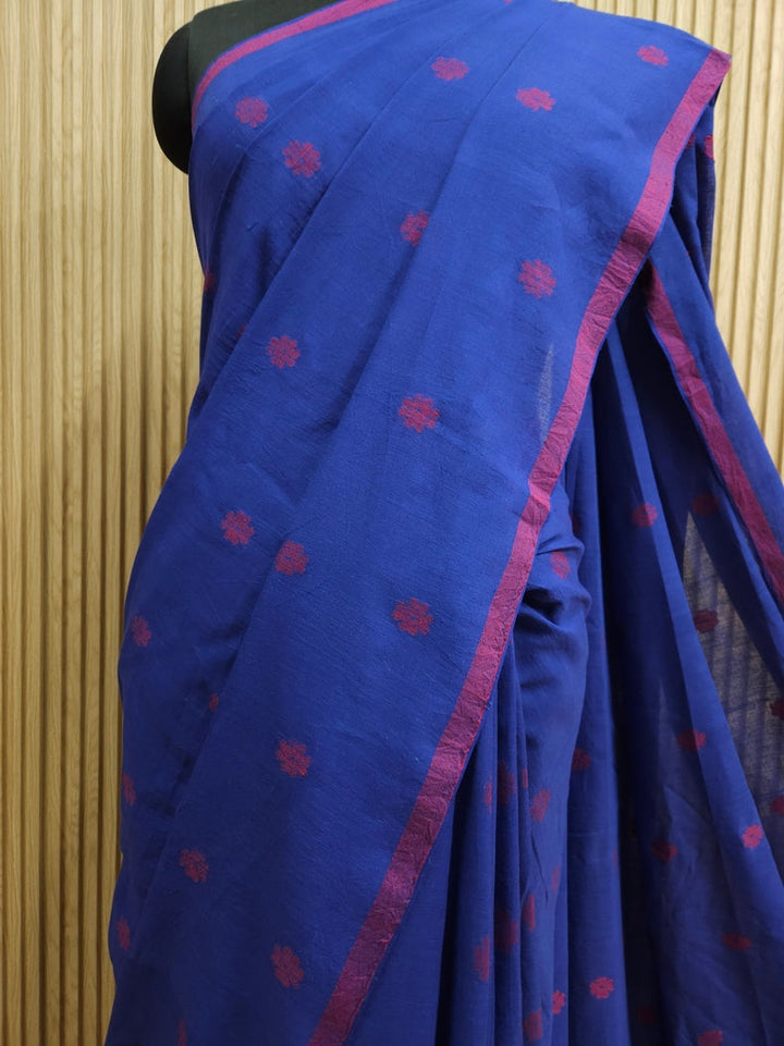 Blue & Red Handloom Premium Cotton Jamdani Saree Balaram Saha