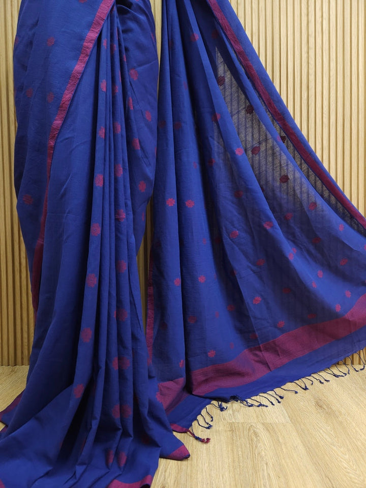 Blue & Red Handloom Premium Cotton Jamdani Saree Balaram Saha