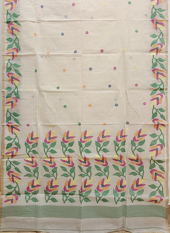 White on Multicolor Handwoven Traditional  Cotton Jamadni Saree Balaram Saha