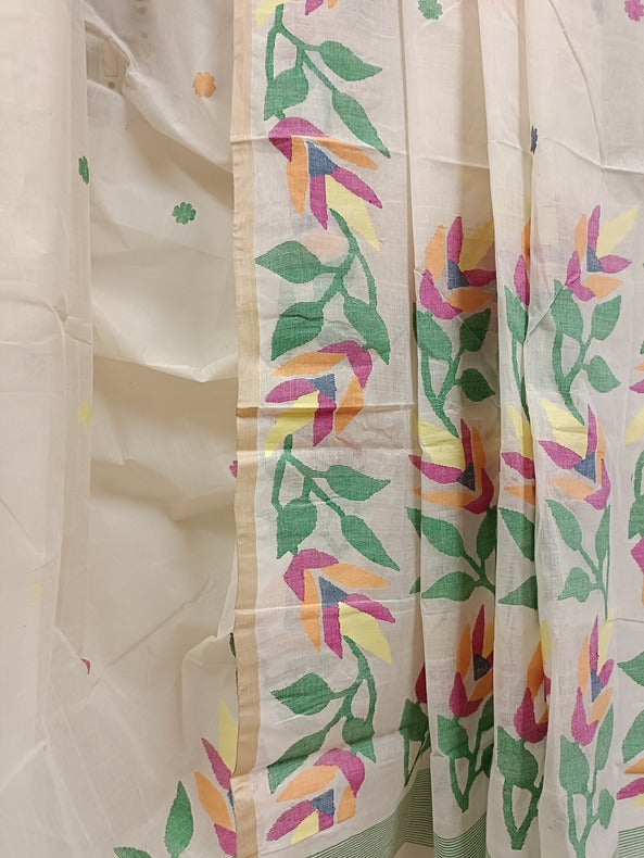 White on Multicolor Handwoven Traditional  Cotton Jamadni Saree Balaram Saha
