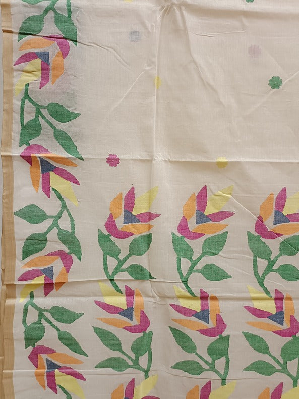 White on Multicolor Handwoven Traditional  Cotton Jamadni Saree Balaram Saha