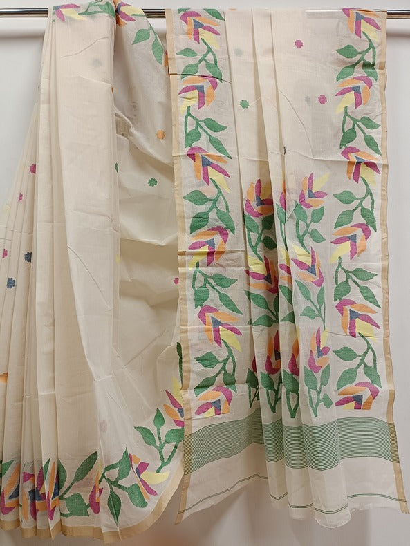 White on Multicolor Handwoven Traditional  Cotton Jamadni Saree Balaram Saha