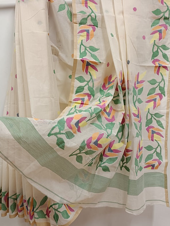 White on Multicolor Handwoven Traditional  Cotton Jamadni Saree Balaram Saha