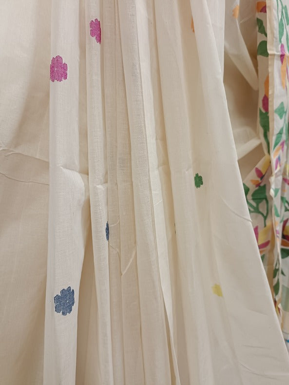 White on Multicolor Handwoven Traditional  Cotton Jamadni Saree Balaram Saha
