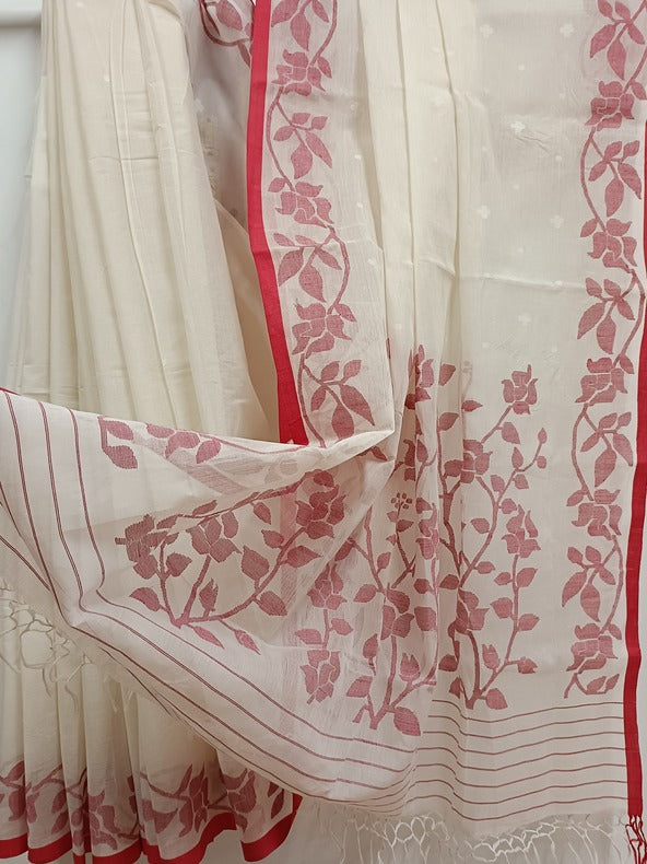 White & Red Handloom Handwoven Traditional Cotton Jamdani Saree Balaram Saha