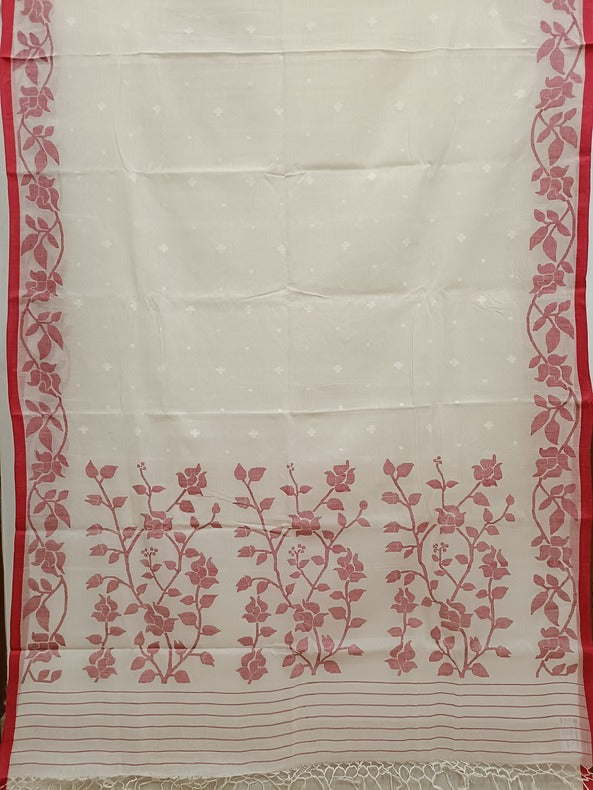 White & Red Handloom Handwoven Traditional Cotton Jamdani Saree Balaram Saha
