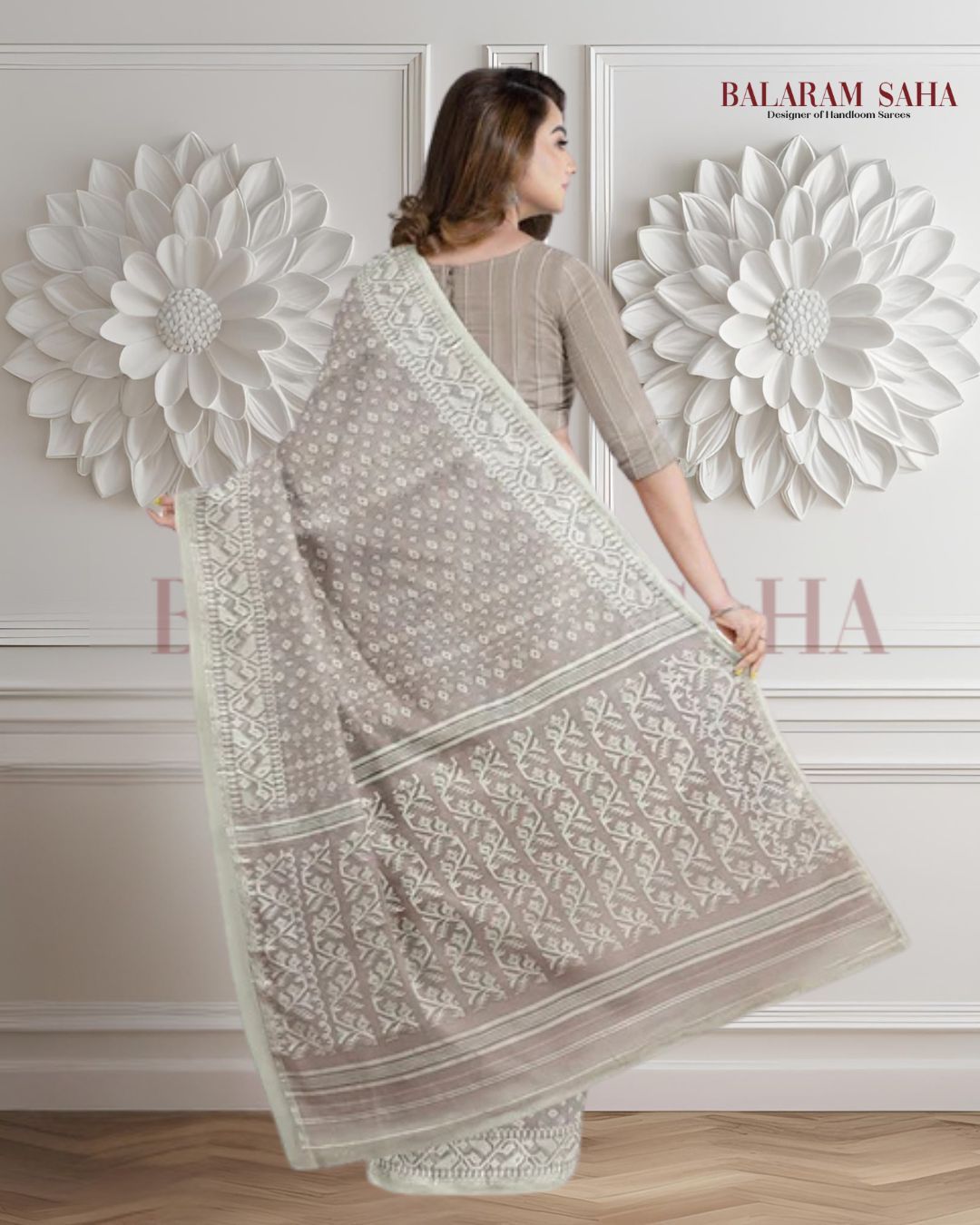 Light Rose Brown & White, soft handloom cotton/Resham dhakai saree Balaram Saha
