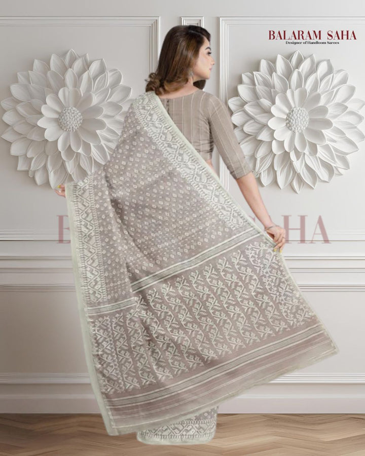 Light Rose Brown & White, soft handloom cotton/Resham dhakai saree Balaram Saha