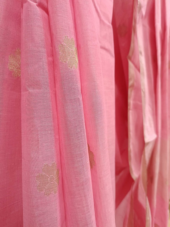 Peach and Gold Handloom Traditional cotton Handwoven Jamdani Saree Balaram Saha