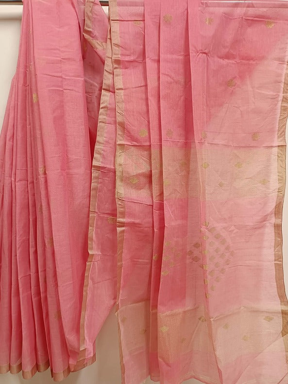 Peach and Gold Handloom Traditional cotton Handwoven Jamdani Saree Balaram Saha