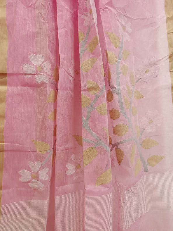 Pink And Beige Handloom Traditional Handwoven Cotton Jamdani Saree Balaram Saha