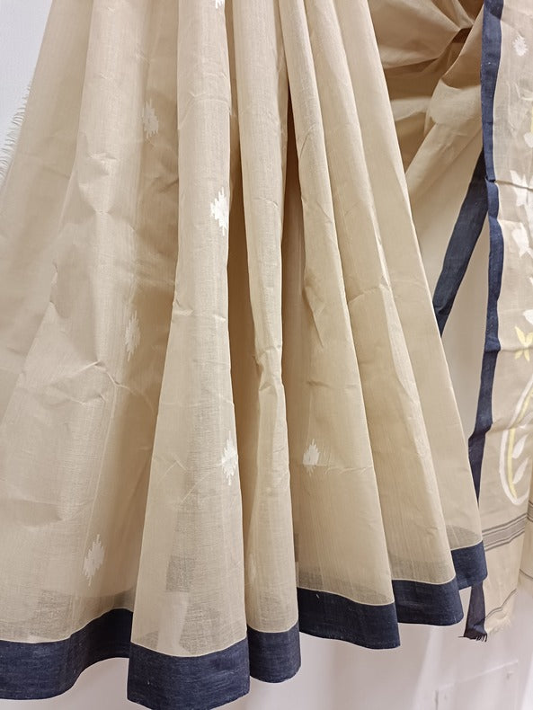 Beige and Blue Handloom Traditional Handwoven Cotton Jamdani Saree Balaram Saha