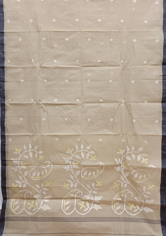 Beige and Blue Handloom Traditional Handwoven Cotton Jamdani Saree Balaram Saha
