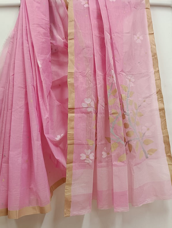 Pink And Beige Handloom Traditional Handwoven Cotton Jamdani Saree Balaram Saha