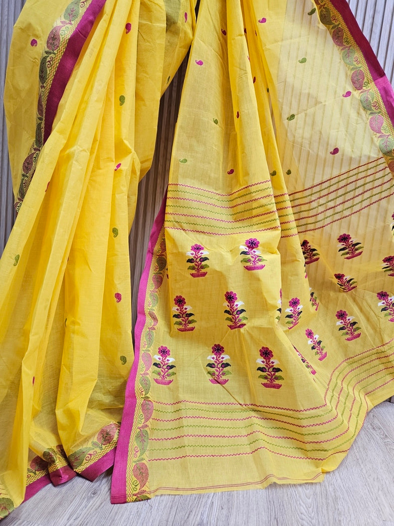 Traditional handloom Cotton Saree Features a Vibrant Yellow With Pink Border Balaram Saha