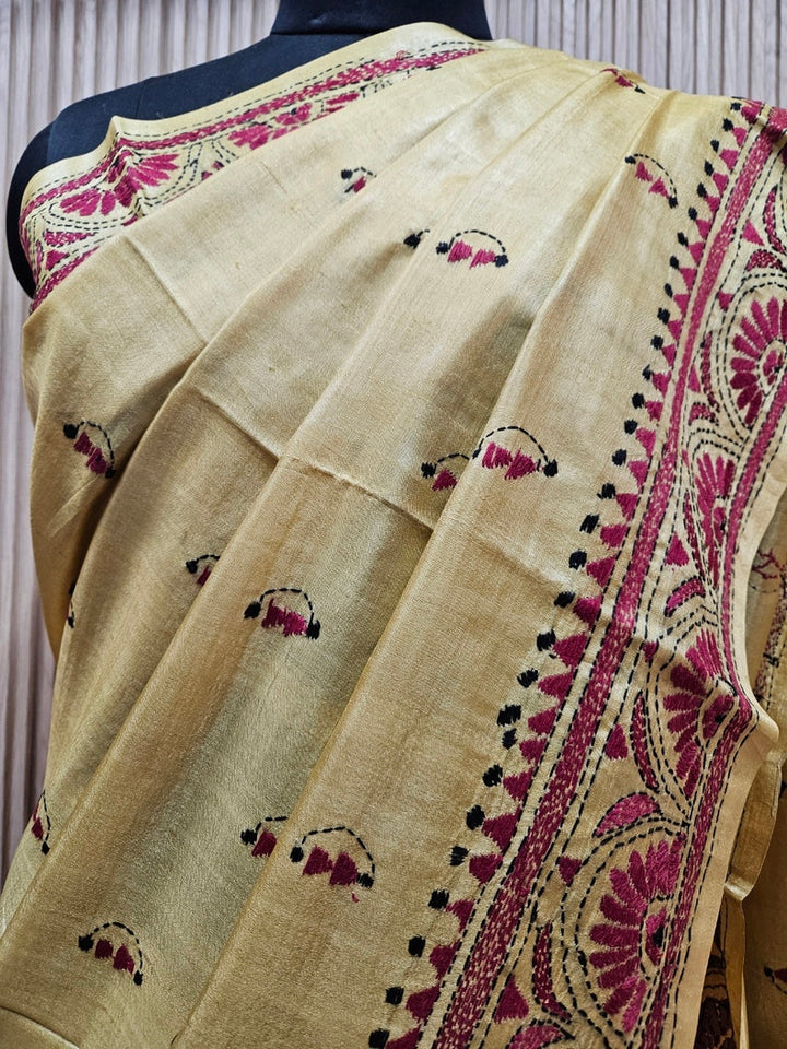 Balaram Saha's Mustard & Maroon tussar Silk Kantha Stitch Saree Balaram Saha