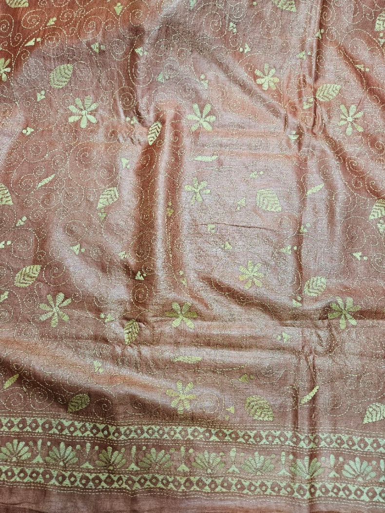 Masterpiece of Artistry: Biege & Rust Tussar Silk Kantha Stitch Saree Balaram Saha