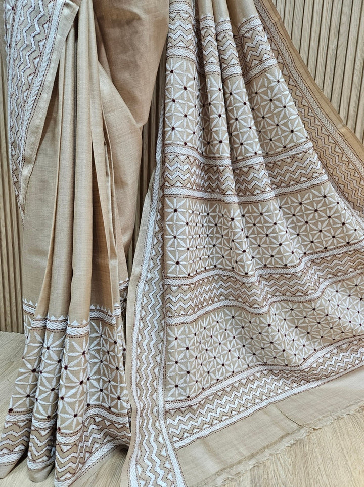 Beige & White Kantha Magic: Balaram Saha's Gachhi Tussar Silk Saree Balaram Saha